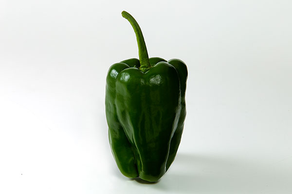 白いバックにピーマン1個置いて濃い緑をテーマに撮影。野菜の色